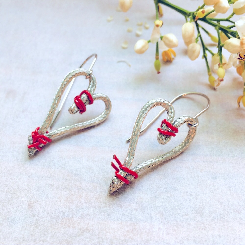 Silver & Red Minimalist Heart Pendant Earrings